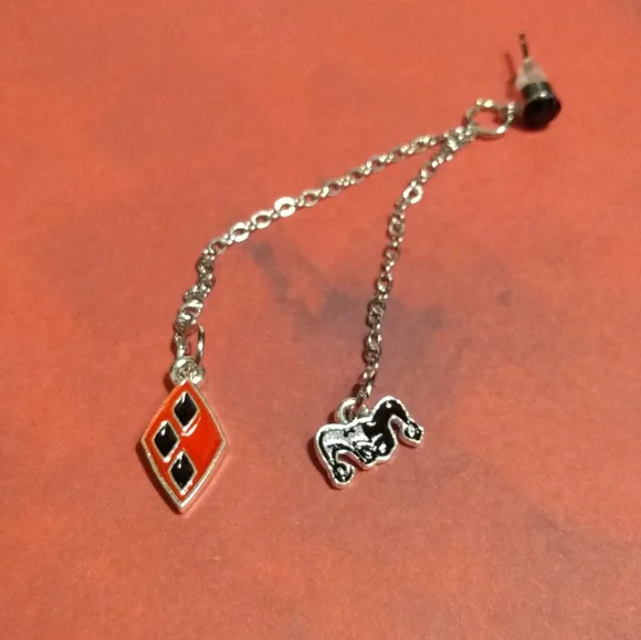 Harley Quinn Geometric Long Chain Rhinestone Earrings With Cuff - Picture 3 of 5